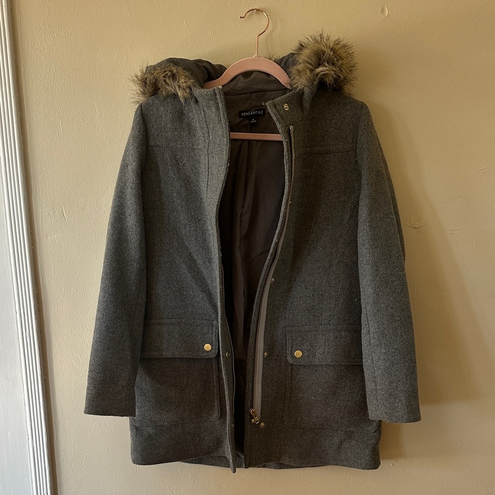 J. Crew Gray Pea Coat with Faux Fur Hood